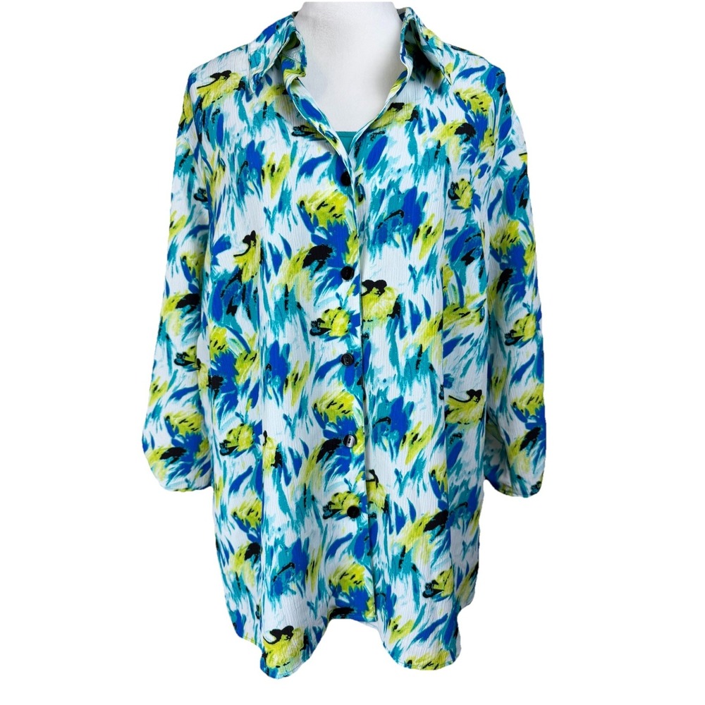 JMS 2 in 1 Tank Blouse Combo 3X 22W-24W Tunic Button Front Blue Yellow Spring
